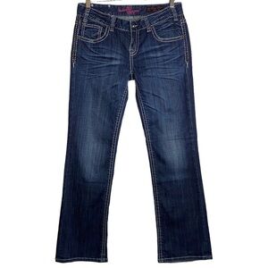 Rock and Roll Cowgirl Low Rise Studded Embellished Dark Blue Boot Cut Jeans 30